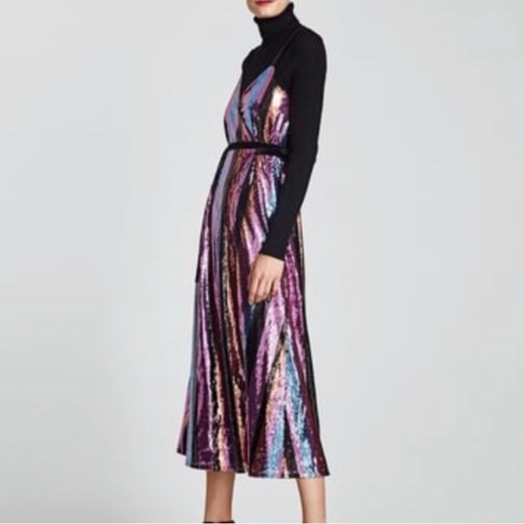 Zara Crossover Sequinn Vibrant Striped Midi Dress NWT - Picture 6 of 15